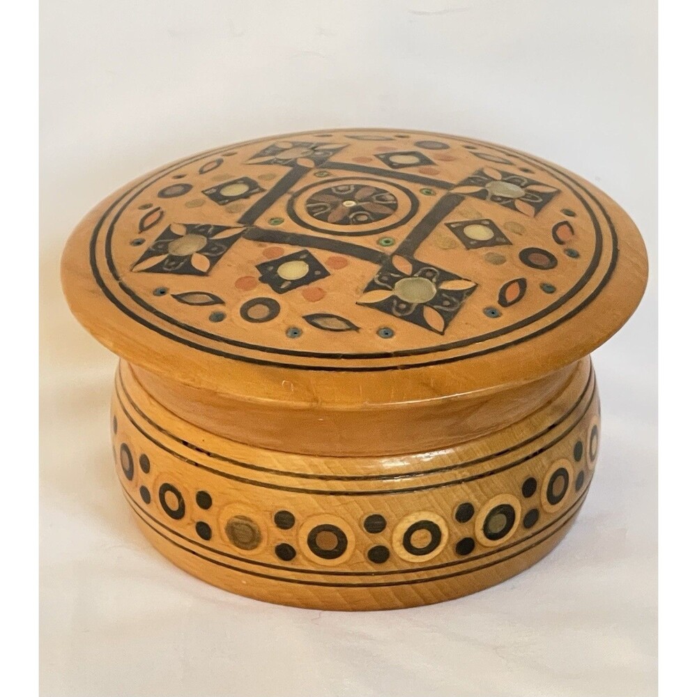 VTG Hutsul Ukrainian Folk Art Turned Wood Jewelry Trinket Box Floral Inlay